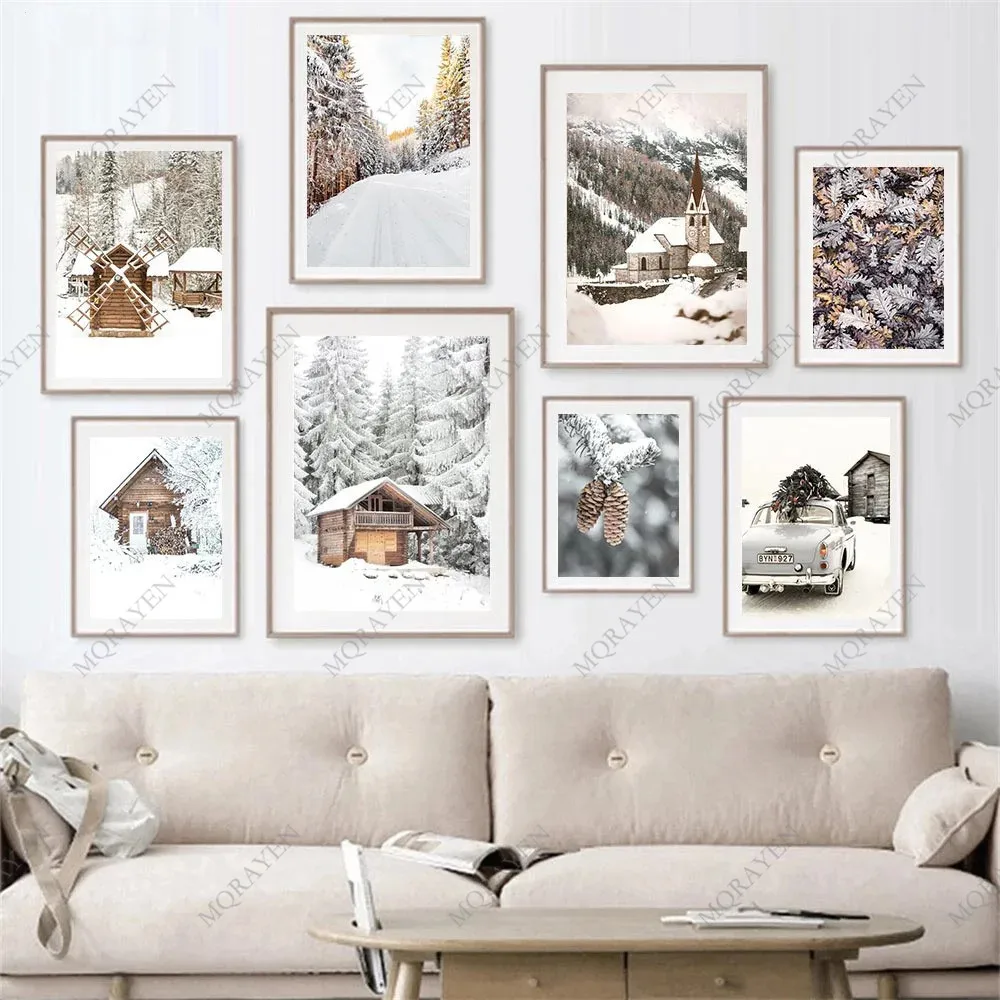 Sunrise Forest Mountain Lake Posters Cabin Wood Pinecone Winter Snow Prints Canvas Painting Nordic Wall Art Pictures Home Decor