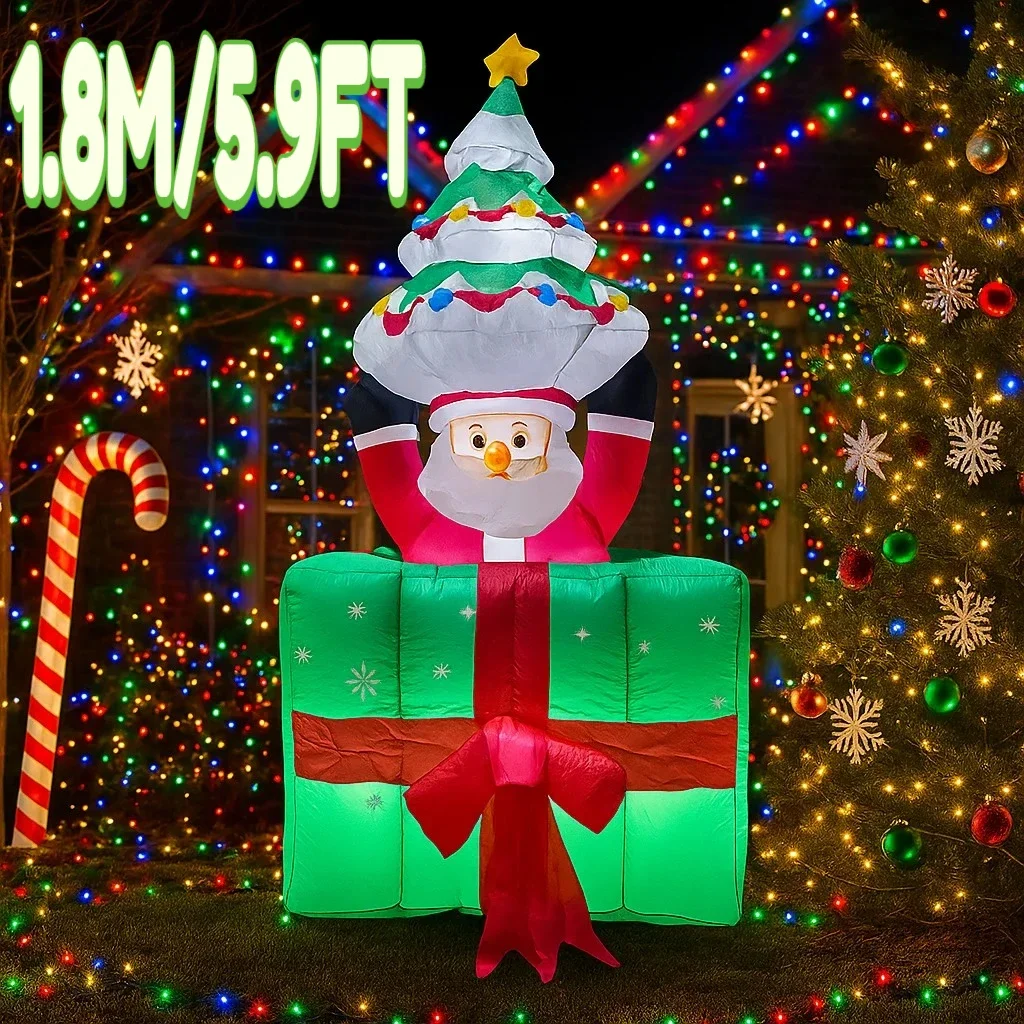 5.9FT Inflatable Santa Claus Tree Gift Box Lights LED Home Decorations Toys Ornaments Holiday Lighting Decor Outdoor Yard Decor
