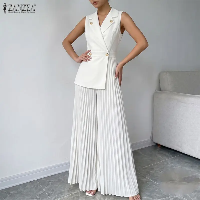 ZANZEA Women Jumpsuits Elegant Sleeveless Lapel Neck Pleated Playsuits Patchwork Collect Waist Solid Color Work OL Overalls