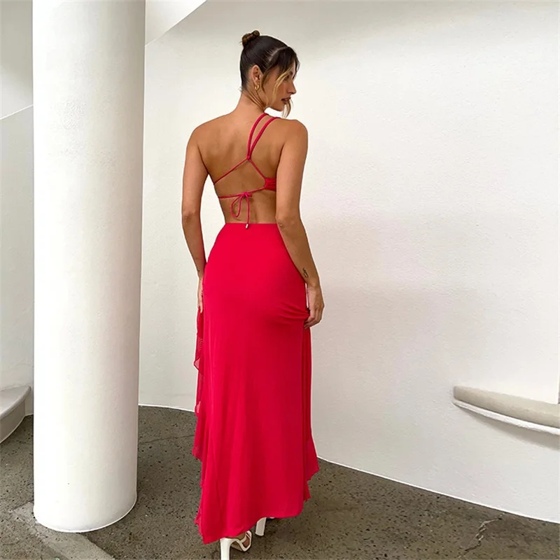 PuTao Red Long Maxi Prom Dress Sexy Hollow One Shoulder Flounce Party Evening Gown Sleeveless Side Split Lace Up Robes Skirt