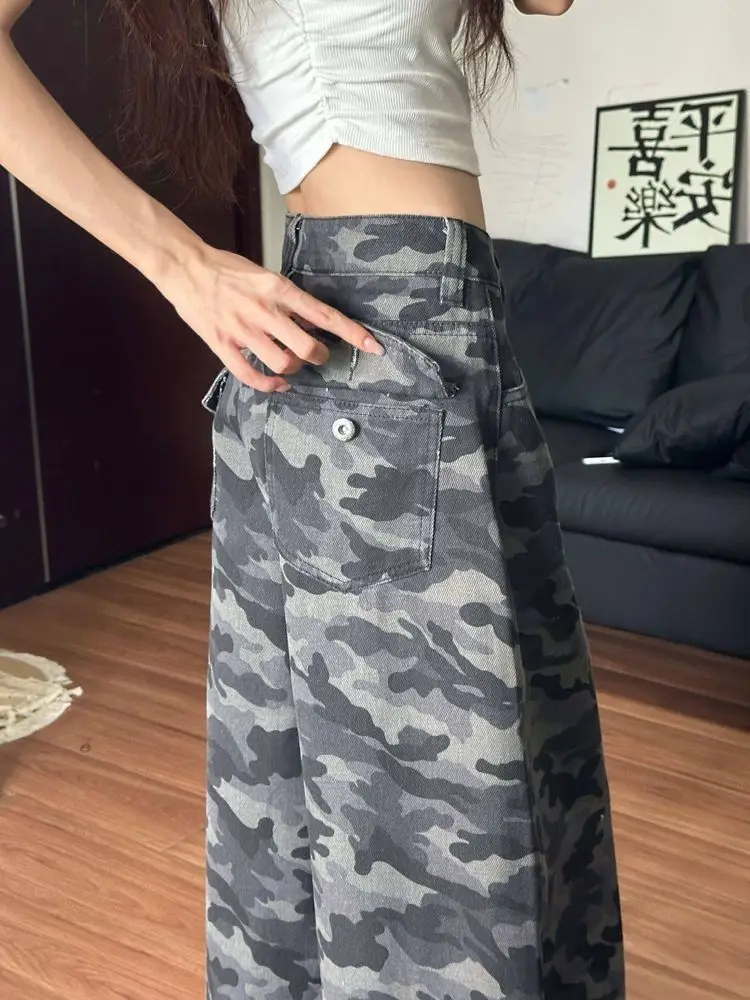 أنيقة أنيقة الأمريكية البضائع كامو مستقيم الساق السراويل النساء خمر عالية الخصر واسعة الجينز فضفاضة تناسب التخسيس الطابق طول الدنيم #4