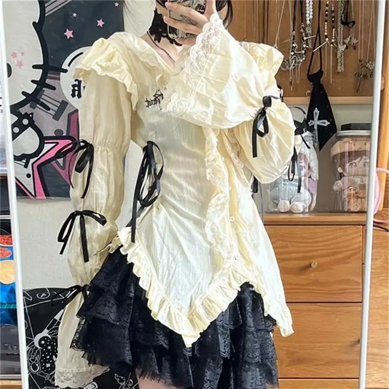 Gothic Harajuku Aesthetic Shirts Women Bandage Blouse Y2k Lolita Sweet Japanese Tops Ruffle Flared Sleeve Irregular Vintage Punk