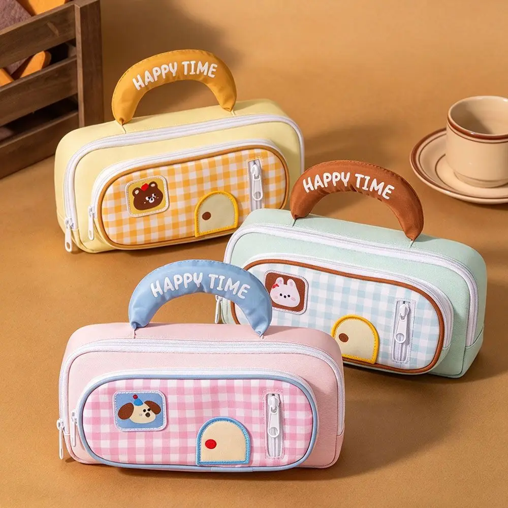 New Plaid Pencil Case Window Cartoon Animal Pencil Pouch Handheld Fabric Stationery Bag Student Gifts