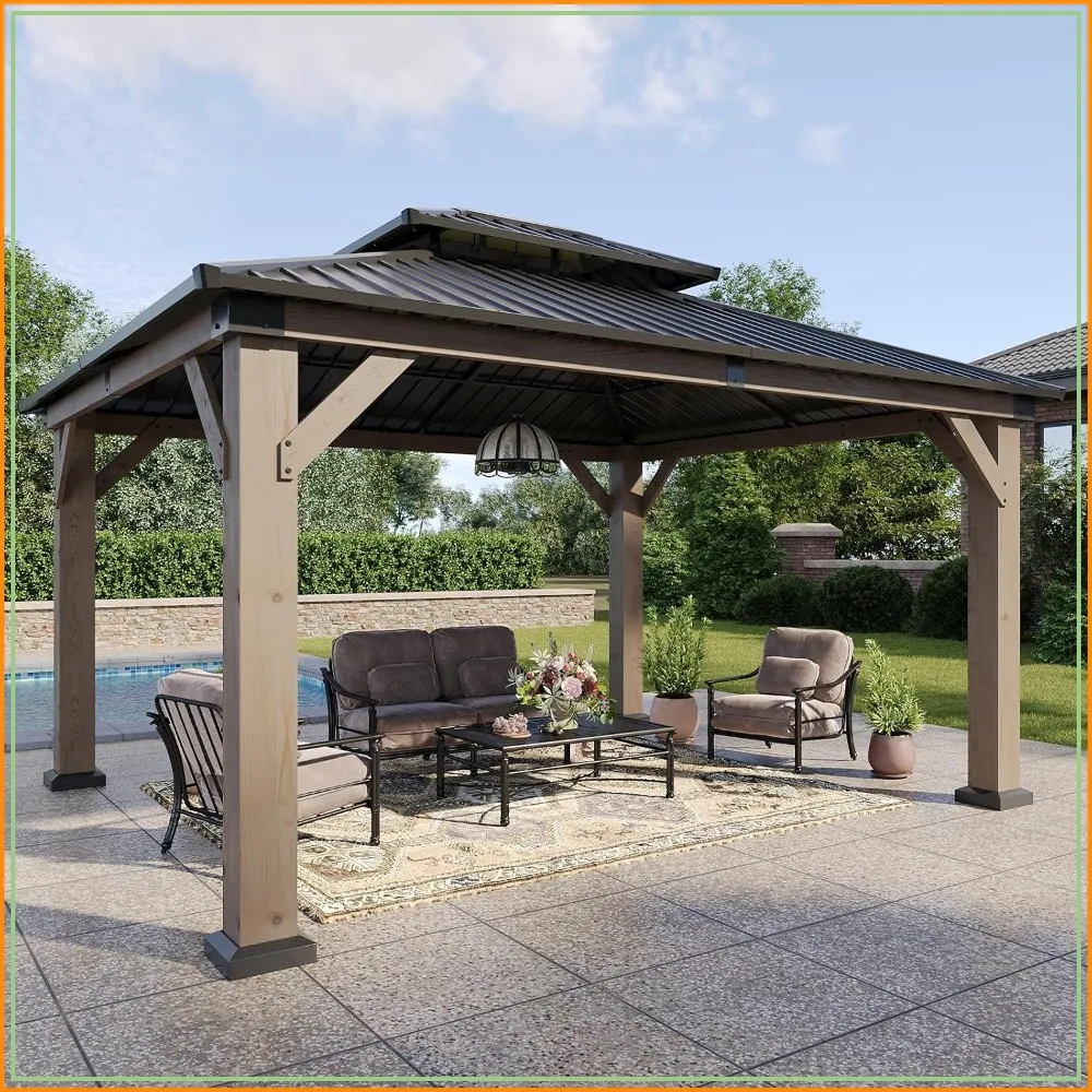 12x14 ft Outdoor Wood Gazebo with Hardtop Roof, Solid Wood Frame for Backyard