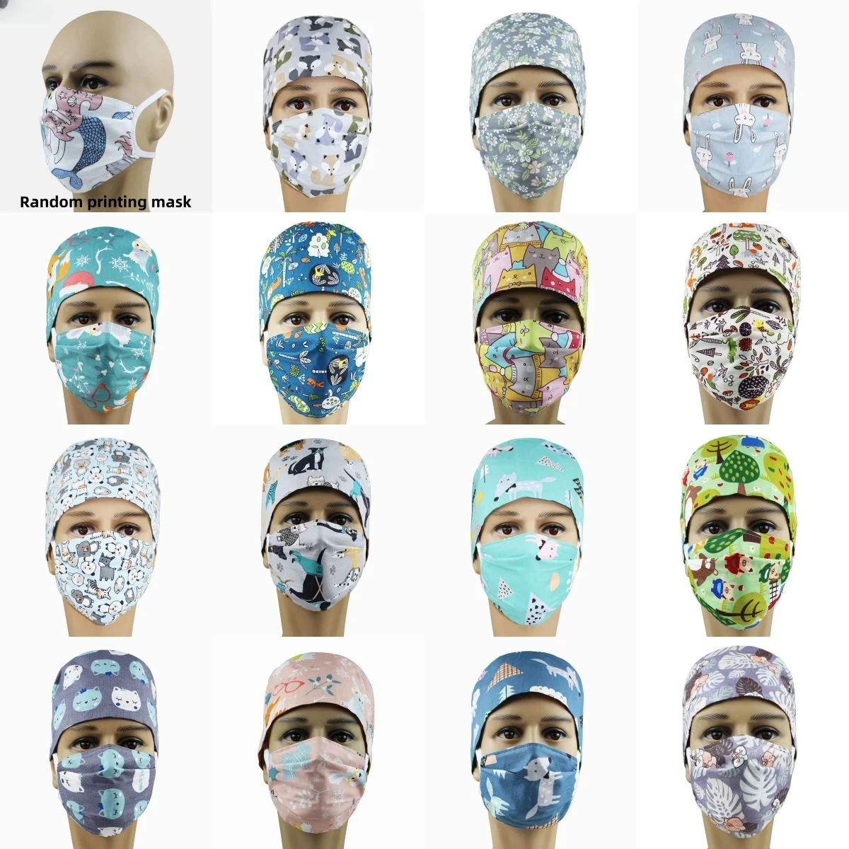 Scrub Cotton Nurse Hat Adjustable Medical Bouffant Sanitary Cap Cartoon Print Pattern Unisex Dust Proof Beauty Nursing Colorful