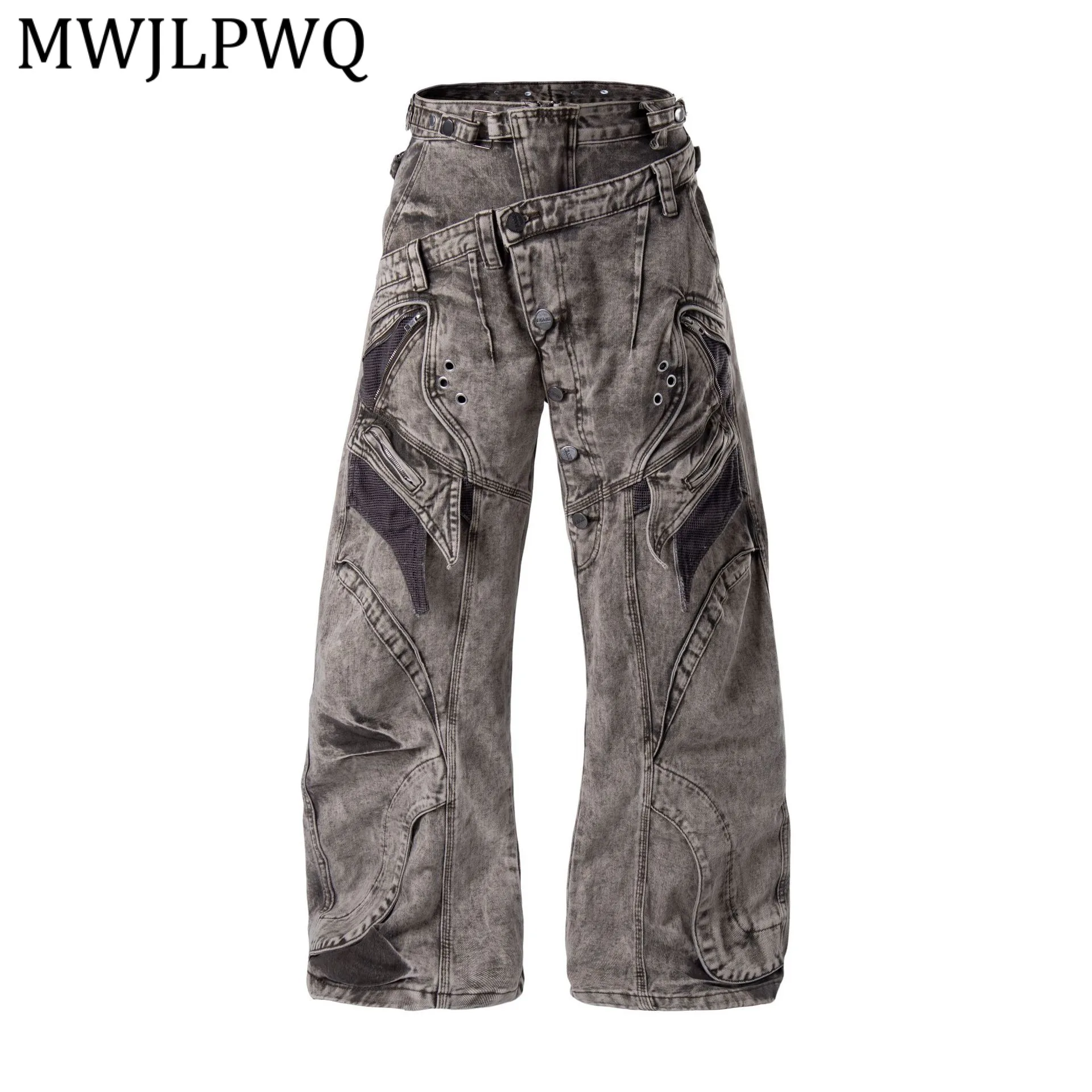 

MWJLPWQ American Style Diagonal Waist Patchwork Distressed Jeans For Men And Women Wide Leg Pants 2026 Spring Autumn New 14577