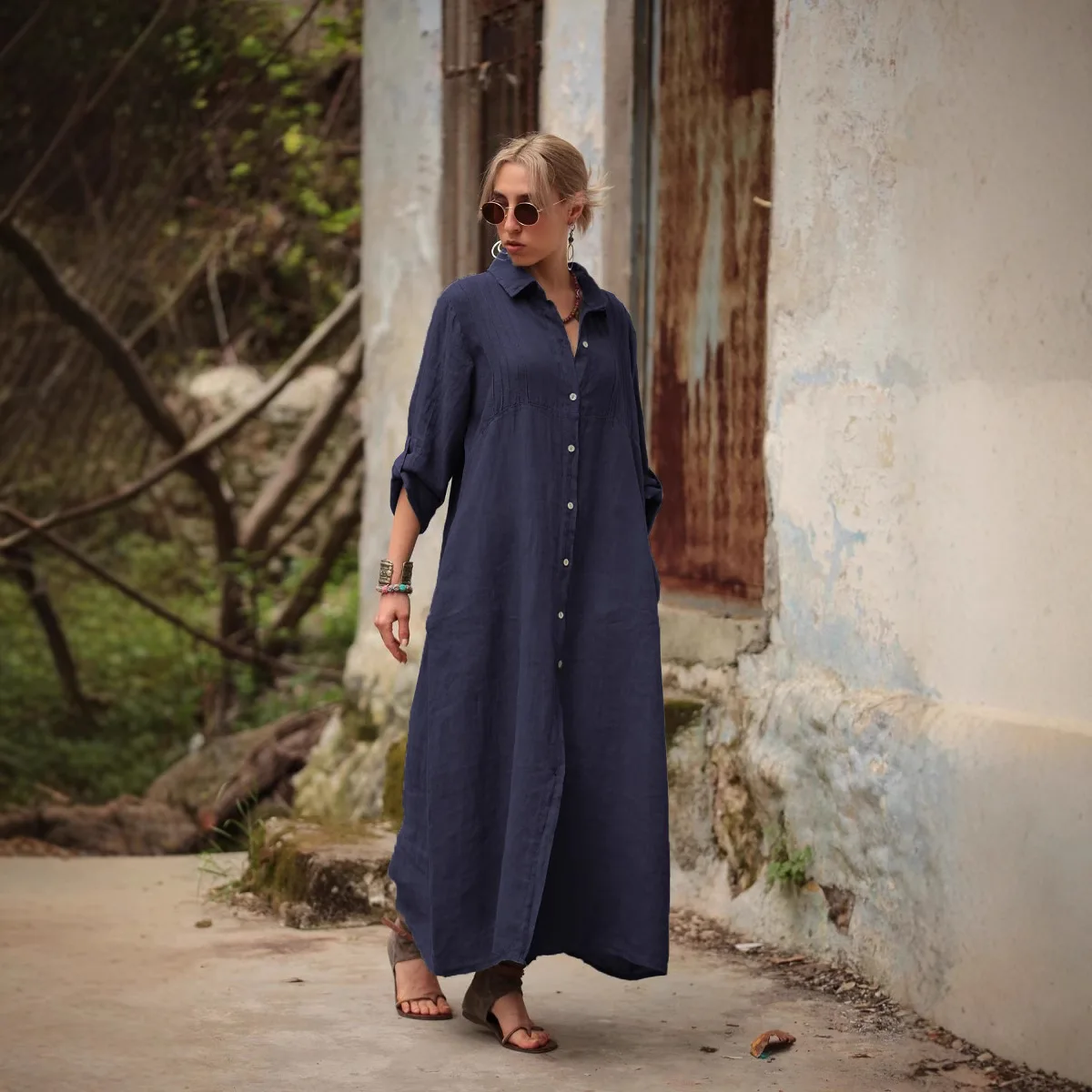 حجم كبير 1XL-5XL جديد أزياء المرأة بلون طويل الأكمام قميص فستان السيدات عادية أنيقة فضفاضة تناسب التلبيب فستان طويل
