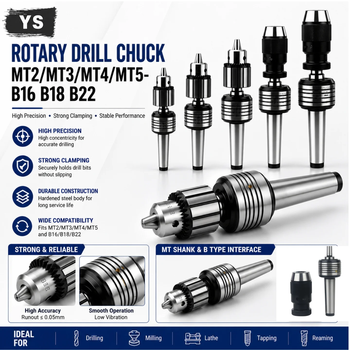 NEW Rotary Drill Chuck Lathe Tailstock Mohs MT2/MT3/MT4/MT5 B16 B18 B22 with Self Tightening Drill Chuck Rotating Rotary Top Pin