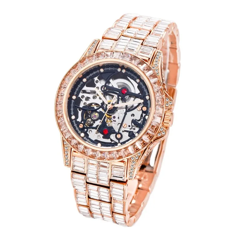 

Iced Out Watch for Men Full AAA Diamond Mechanical Mens Watches Skeleton Tourbillon Automatic Wristwatch Rose Gold Montre Homme