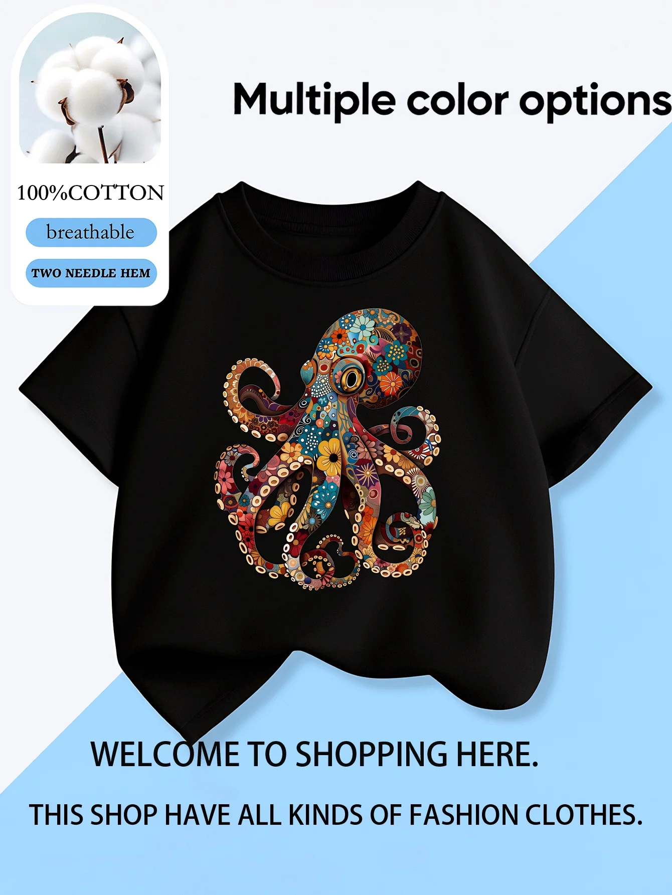 

Colorful Floral Octopus Art Pattern for Children,fashionable and Casual Short Sleeved Family T-shirt Round Neck Personalized Top