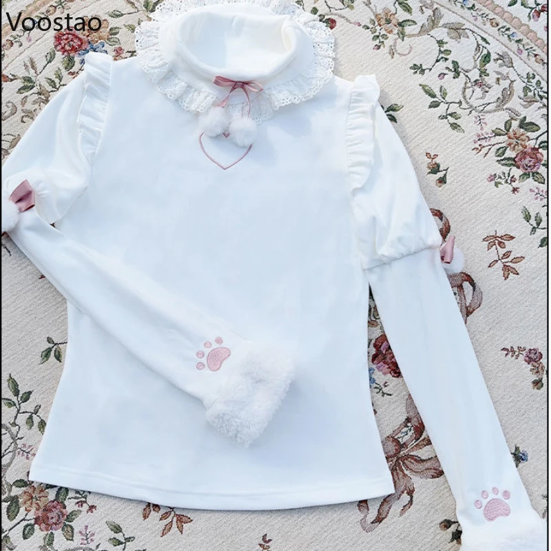 Japanese Sweet Lolita Style White Tops Women Kawaii Y2k Lace Patchwork Basic Tees Y2k Aesthetic Cute Cat Paw Embroidery T-shirts