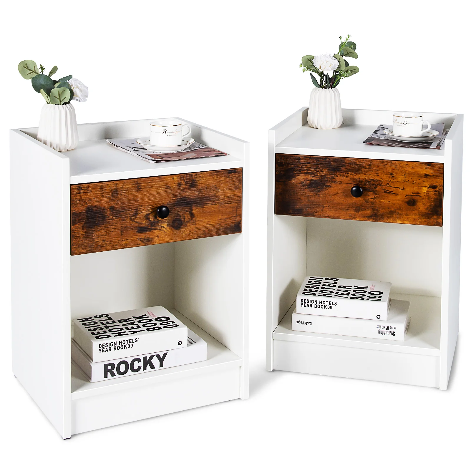 Set of 2 Nightstand with Drawer Cabinet End Side Table Raised Top White