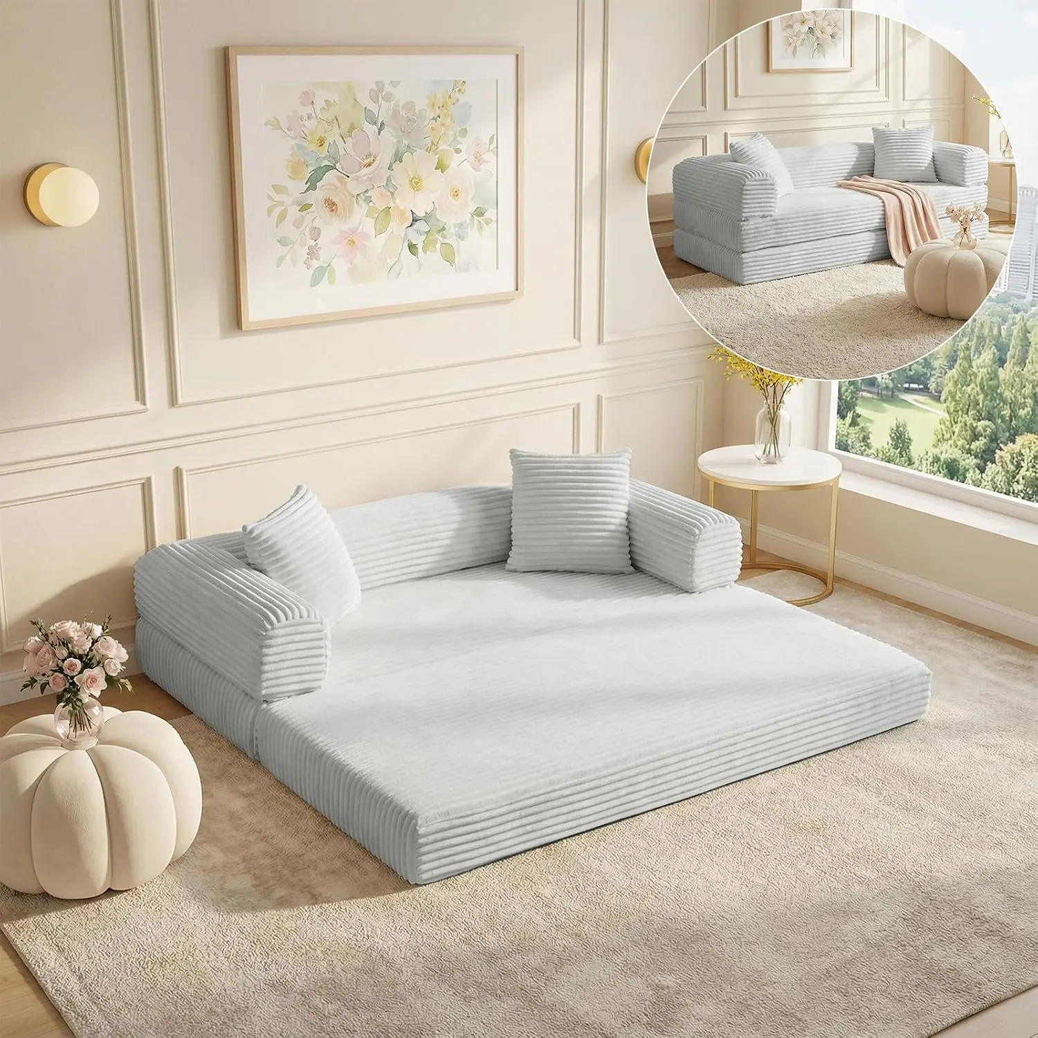 Convertible Futon Sofa Bed, Fold Out Floor Sleeper with Deep Seat, Cloud Corduroy Foldable Mattress for Living Room, Customized