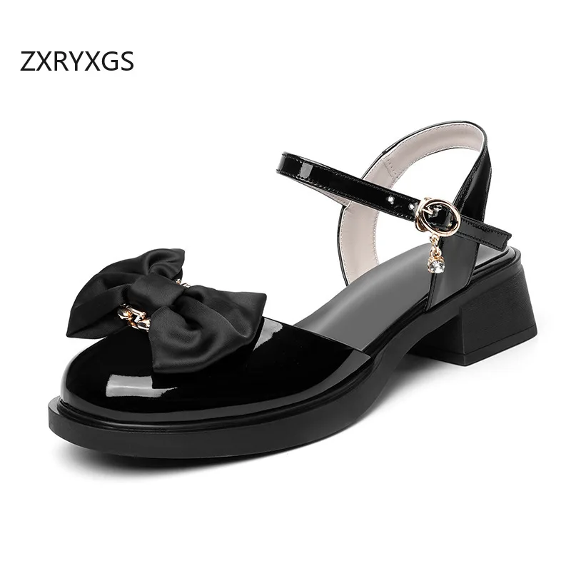 

ZXRYXGS Premium Patent Leather Round Toe Bow Women's Fashionable Sandals 2026 Summer Elegant Comfort Mid Heel Sandals Plus Size
