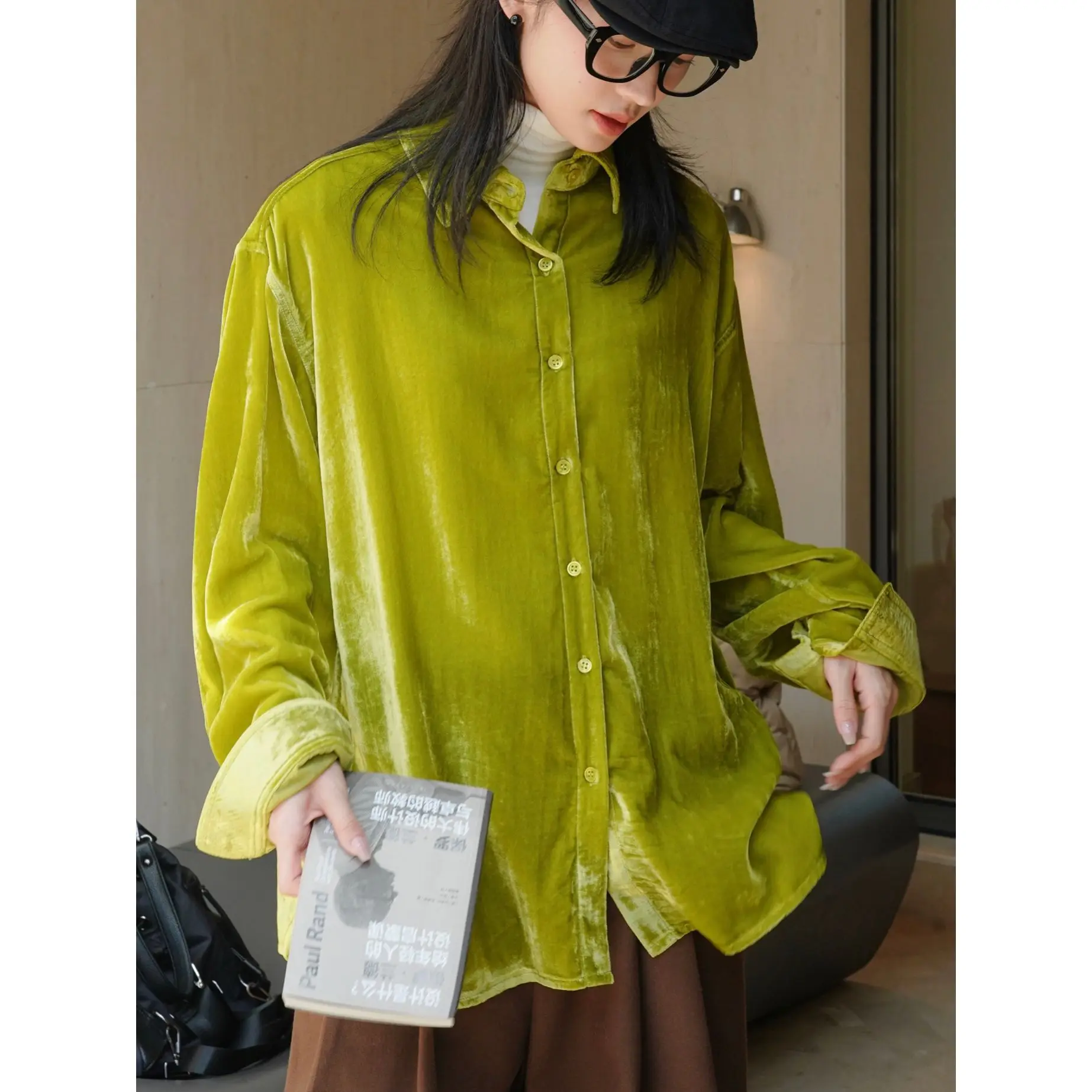 Autumn Glossy Velvet Lapel Shirts Women Loose Korean Style Lazy Slimming Drapey Inner Tops Single-breasted Blouse Yellow-green