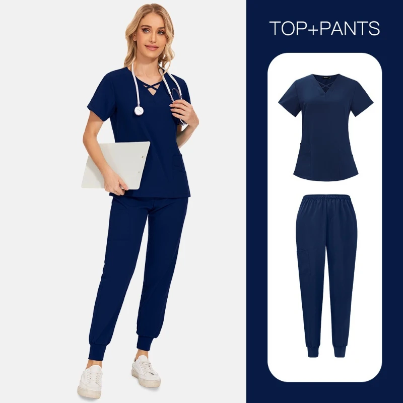 Women Scrub Uniform Short Sleeve Top Long Pants Professional Workwear for Operating Room Nursing Home Beauty Salon Dental Clinic