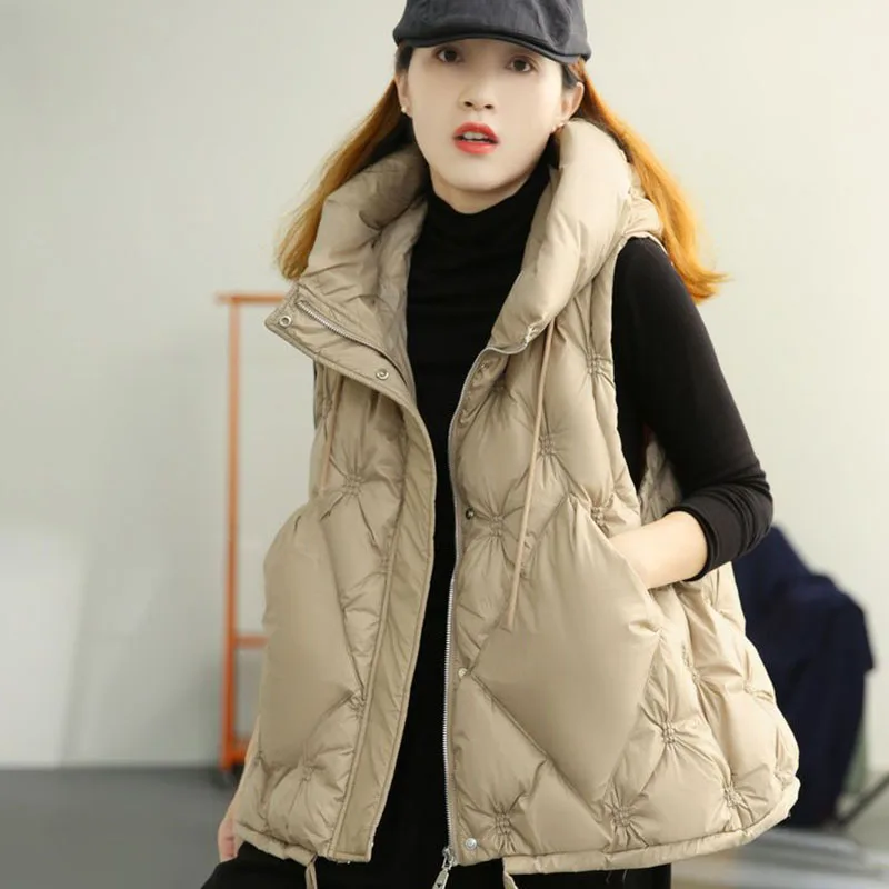 Hooded Women Loose Down Cotton Vest Coat Lace-up Elegant Vintage Fashion Korean Warm Jacket Winter Lady Thicken Sleeveless Coat