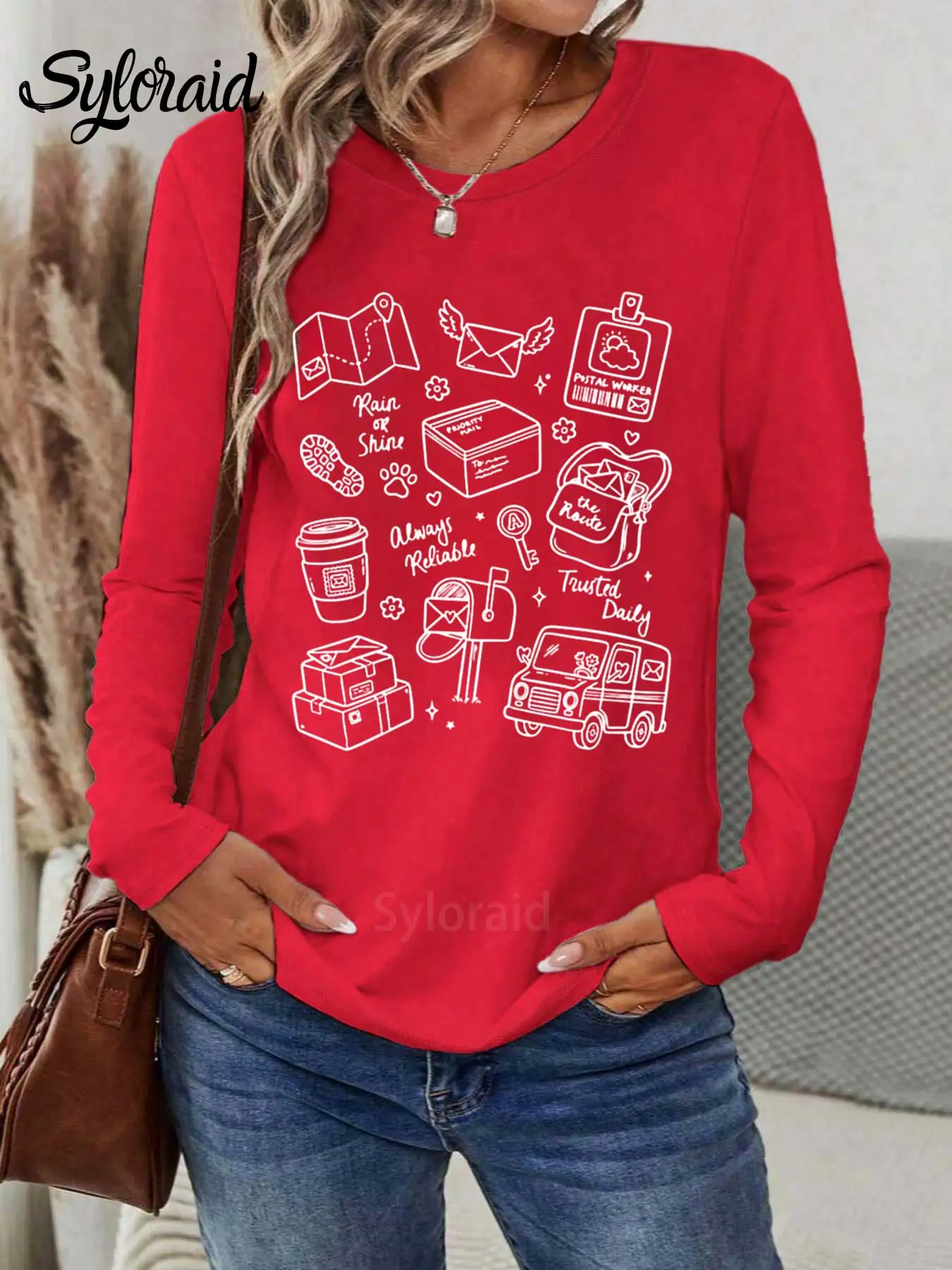 تي شيرت نسائي بأكمام طويلة، تي شيرت عمال البريد، قميص حامل البريد، قميص كاجوال برقبة دائرية #3