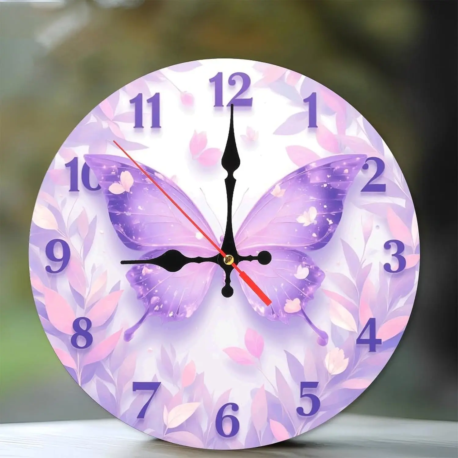 2D Purple Butterfly Wall Clock Lavender Floral Design Home Decor Wall Clock, Silent Non Ticking Battery Operated Clock