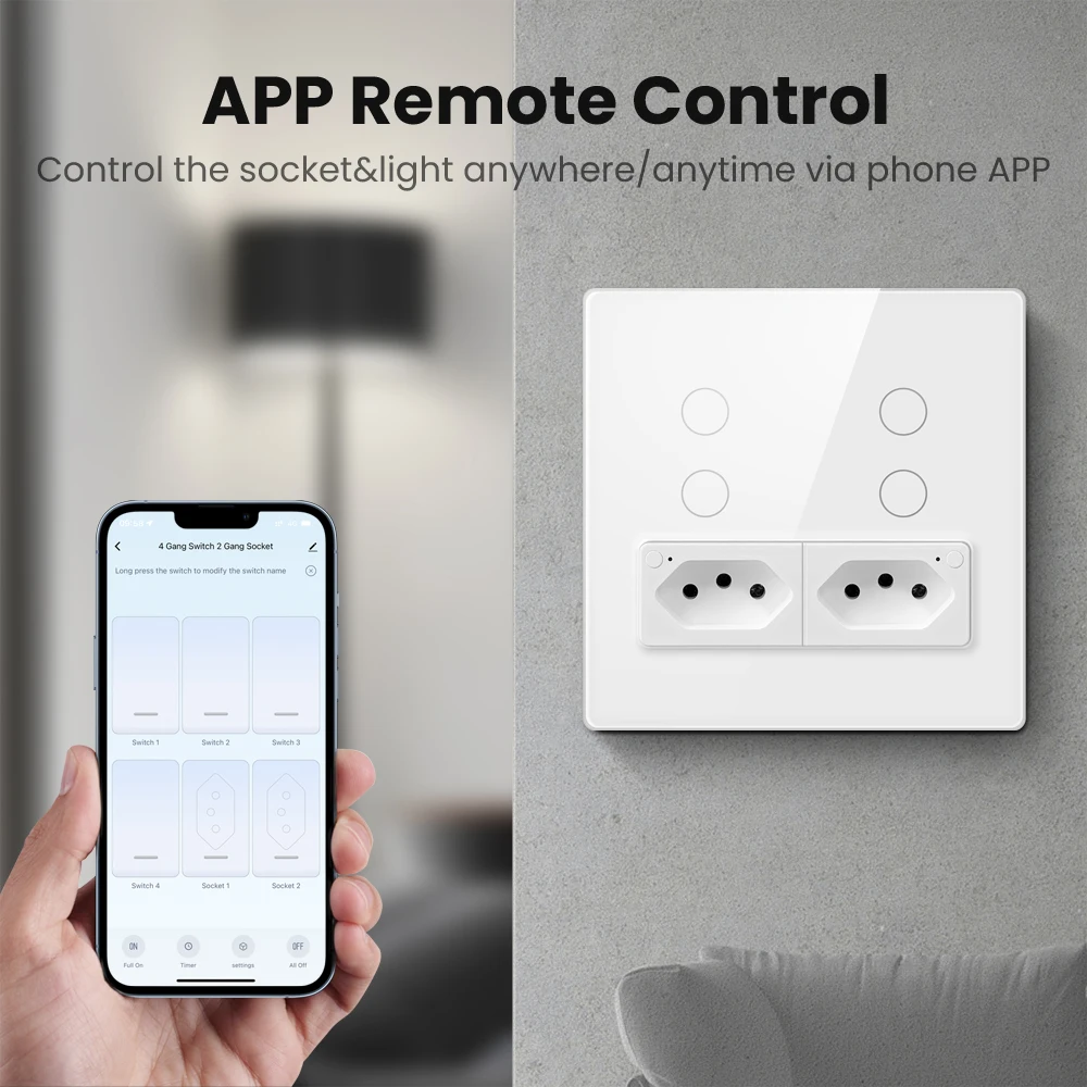 AVATTO Smart Switch & Socket,Tuya Wifi Smart Light Switch 4X4 Glass Panel 4 Buttons Switch and 16A Socket for Alexa Google home