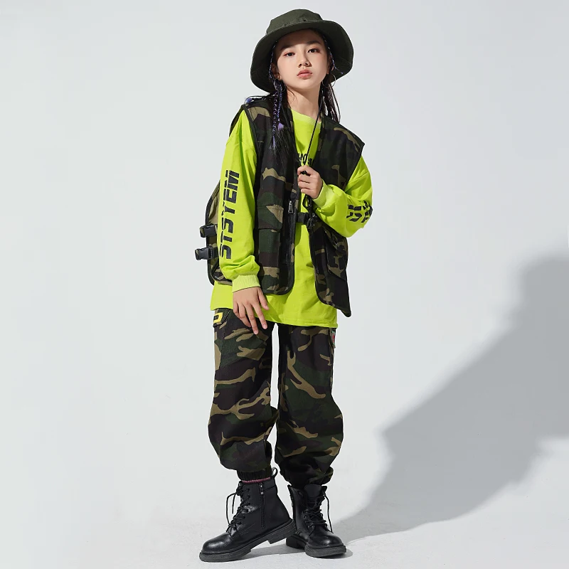 Kids Teen Kpop Outfit Hip Hop Clothing Shirt Camouflage Vest Cargo Pants For Girls Boys Jazz Dance Costume Street Wear Clothes