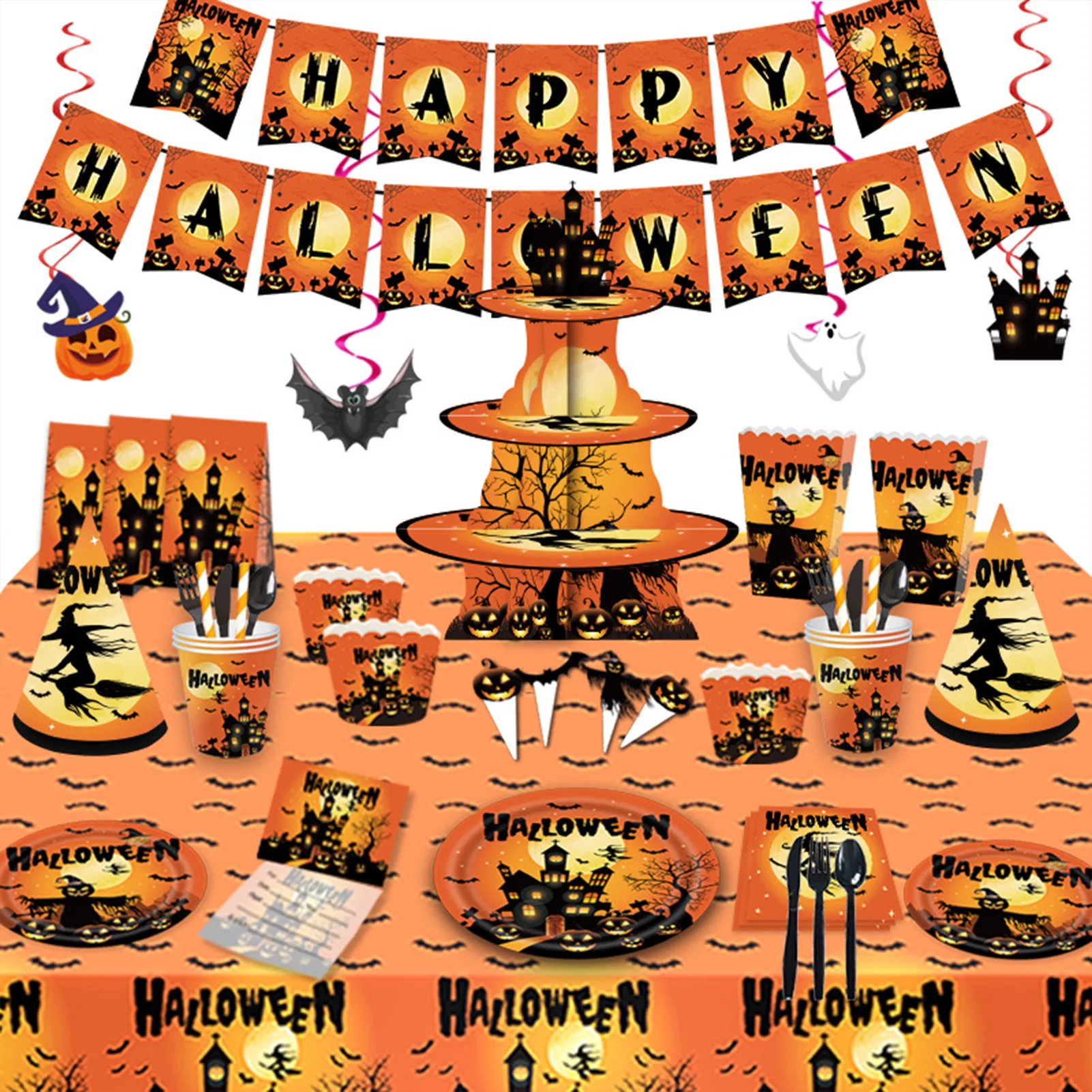 

2025 Halloween Tableware Set Cartoon Skull Witch Castle Pumpkin Pattern Disposable Paper Tableware Set Party Decoration Props