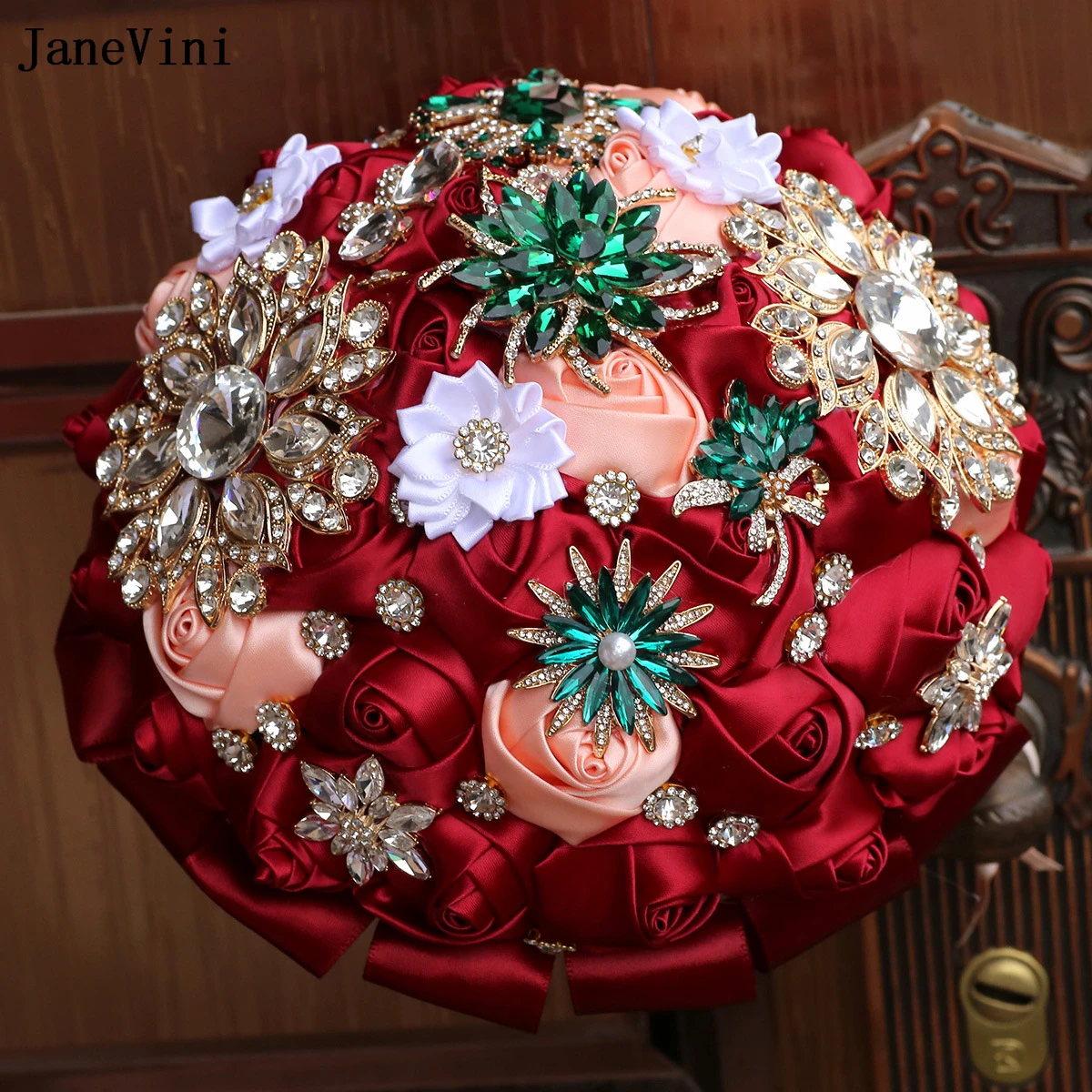 JaneVini European Dark Red Bridal Brooch Bouquets Bling Gold Rhinestones Artificial Satin Roses Jewelry Wedding Bouquet Flowers