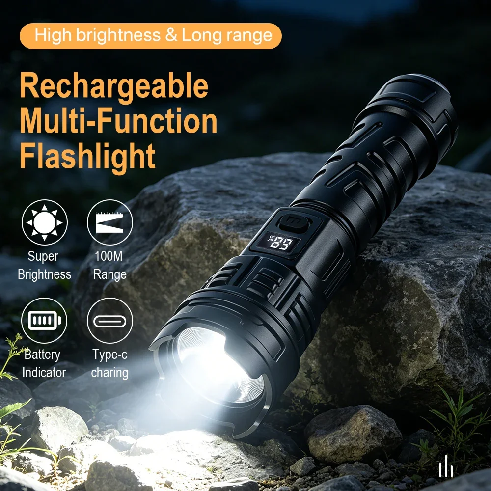 BORUiT Powerful Zoom LED Flashlight USB Charging Tactical Torch with Display Light Portable Outdoor Camping Emergency FlashLight