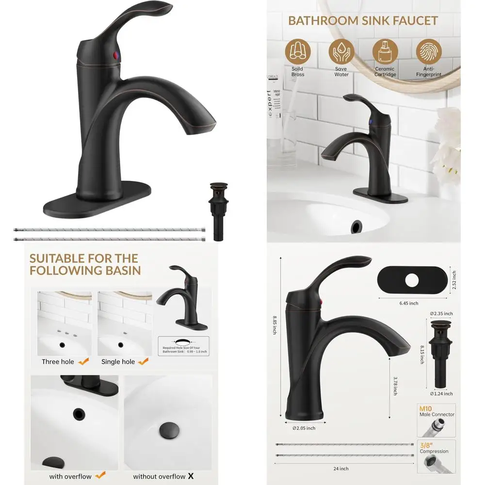 

Single Handle Oil Rubbed Bronze Bathroom Sink Faucet with Pop-Up Drain for Farmhouse Vanity and RV Use