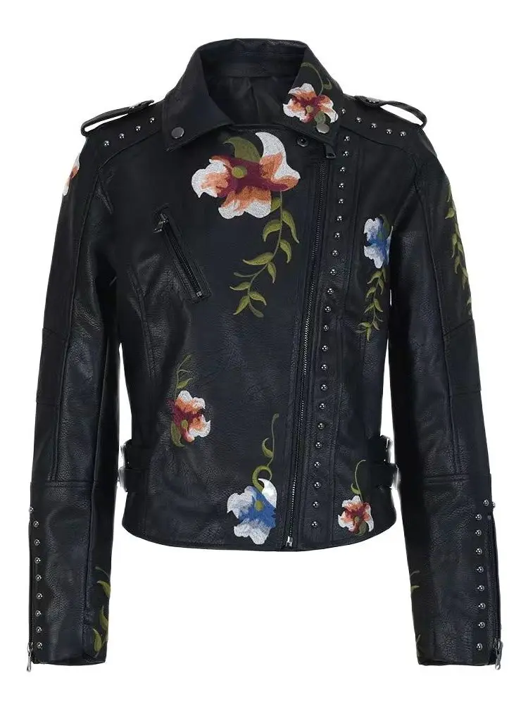 2025 moda feminina vintage floral bordado rebite jaquetas de couro falso senhoras motor do plutônio preto voilet bege punk streetwear casacos