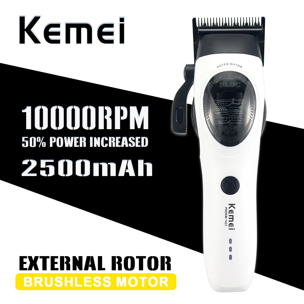 Kemei KM-1423 Clippers for Men DLC Blade 10000RPM 2500mAh External Rotor Brushless Motor Professional Hair Cutting Machine