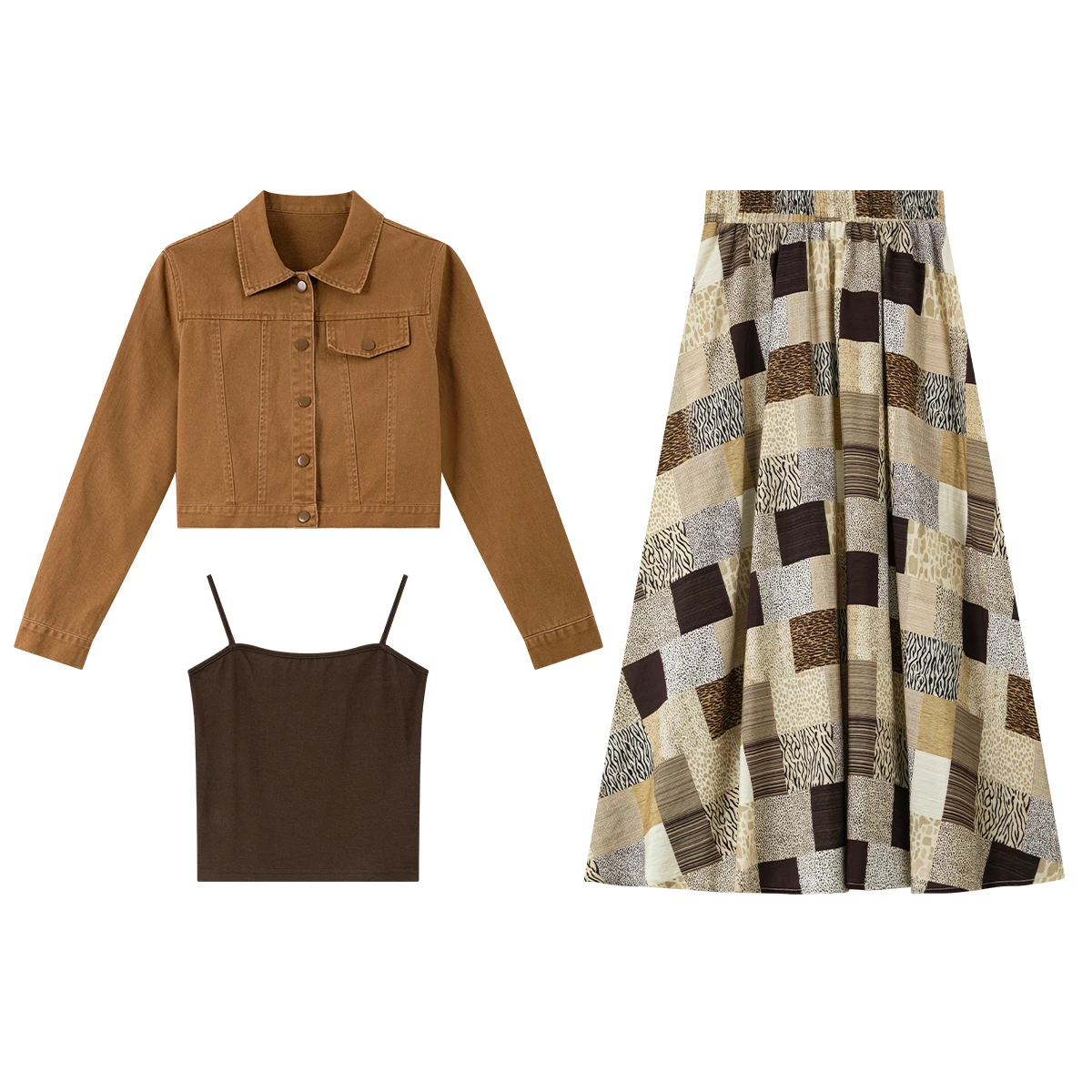 VIMLY Maillard Vintage Literary Set Women Brown Camisole Short Coat Midi Skirt Three‑piece Set Elegant Matching Outfit 31672