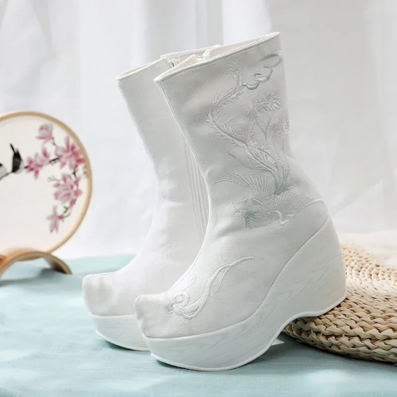 

Chinese Hanfu Embroidered Boots Shoes Women Winter Vintage Hanfu High Heighten White Bow Soap Boots Shoes For Women Plus Size