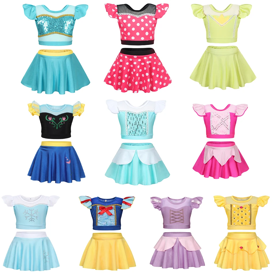 Girls Princess Swimsuit Cinderella Elsa Belle Rapunzel Cosplay Beachwear Kids Summer Fashion 2 Pcs Swimsuit Sets 2-9Yrs