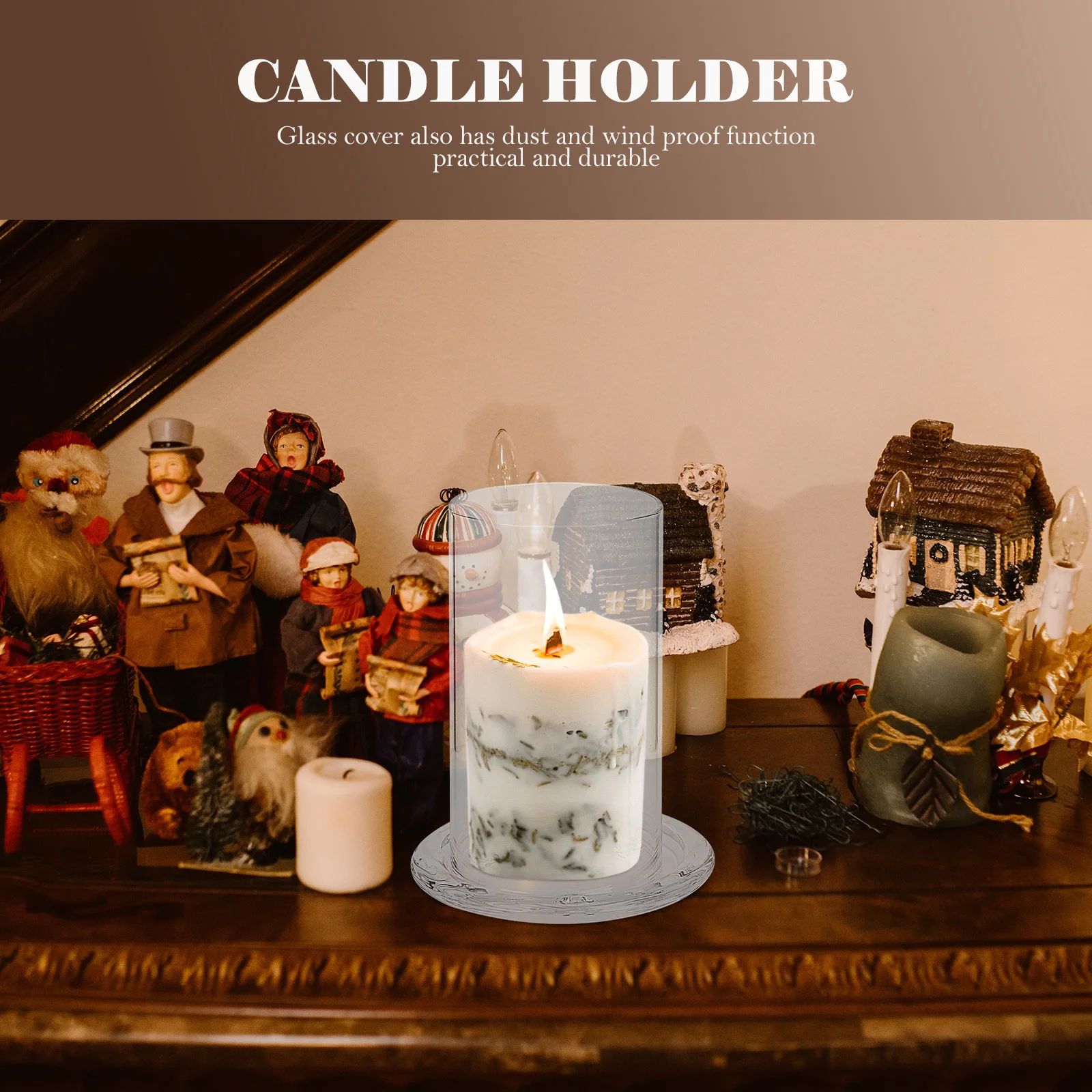 1세트 데스크탑 유리 클로슈 홀더 투명 무화염 커버 홈 데코 거실 침실 사무실 장식용