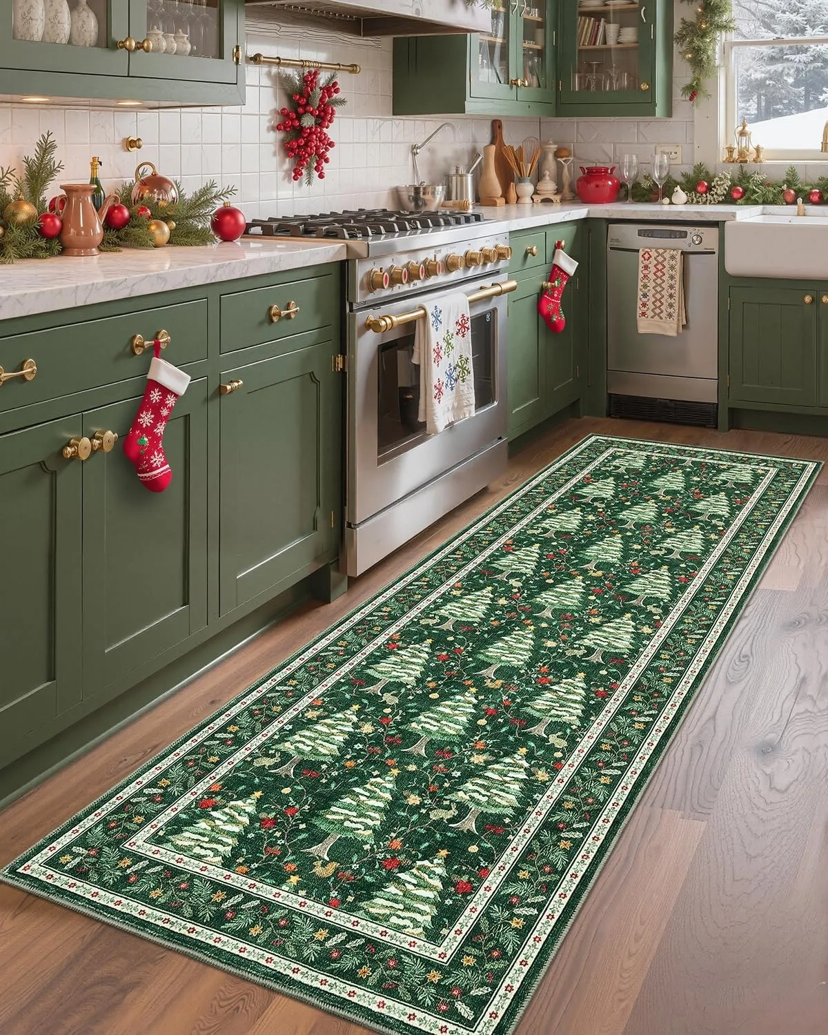 Kitchen Floor Mat Long Rug Christmas Tree Animals Print Carpet Xmas Home Decoration Non Slip Washable Bedroom Foot Mats Alfombra