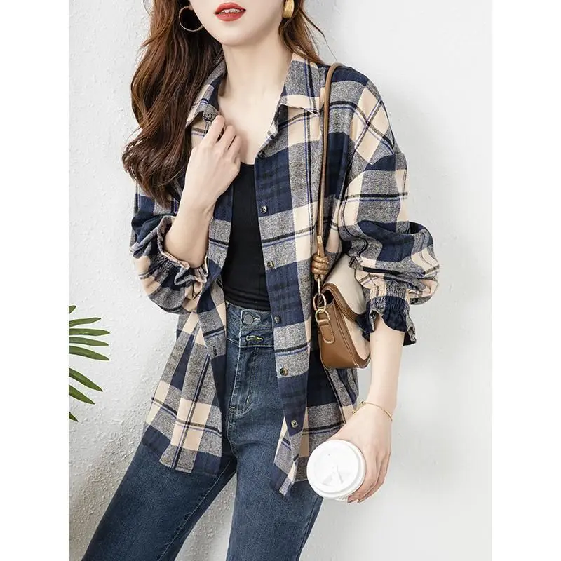 Fashion Lapel Button Long Sleeve Printed Plaid Shirts Women Clothing 2024 Autumn Winter New Loose All-match Tops Casual Blouses