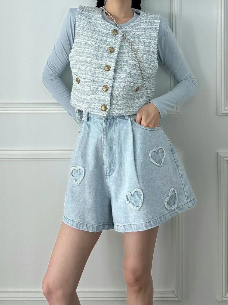 

Korobov Sweet Korean Summer Casual Loose High waist Patchwork Pockets Shorts For Women Jeans