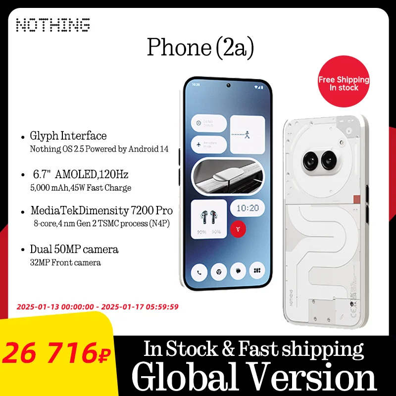 Global Version Nothing Phone(2a) 6.7” AMOLED display 120Hz Mediatek Dimensity 7200 Pro Dual 50MP 5,000 mAh 45W IP54 Phone 2a