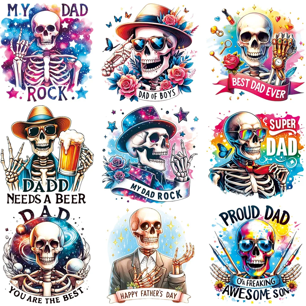 

9Pcs Dad Skull Heat Transfer Stickers Washable Iron-On Patches for T-Shirt Hoodie DIY Father's Day Clothing Decoration