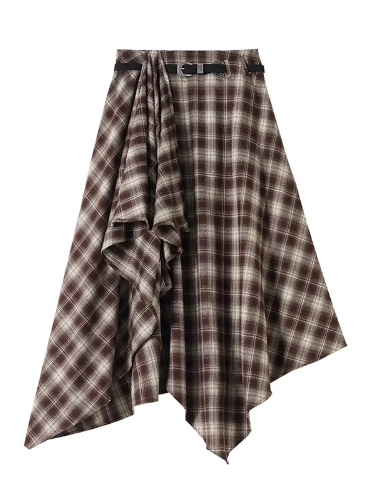 레트로 커피 컬러 체크 무늬 비대칭 A라인 스커트 여성용 가을 겨울 하이웨이스트 슬림 미디 우산 스커트