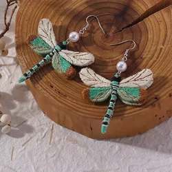 Boho Vintage Dragonfly Earrings - Handmade Embroidery Pendants Unique Fun Drop Earrings Bohemian Style Jewelry for Women Girls