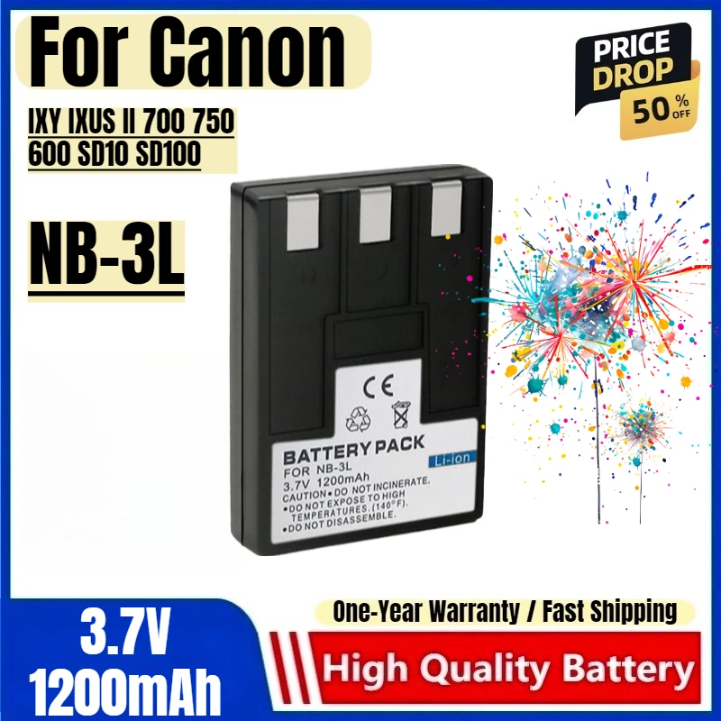 

NB-3L Battery 3.7V 1200mAh Rechargeable Batteries and Charger for Canon IXY IXUS II 700 750 600 SD10 SD100 Camera Battery
