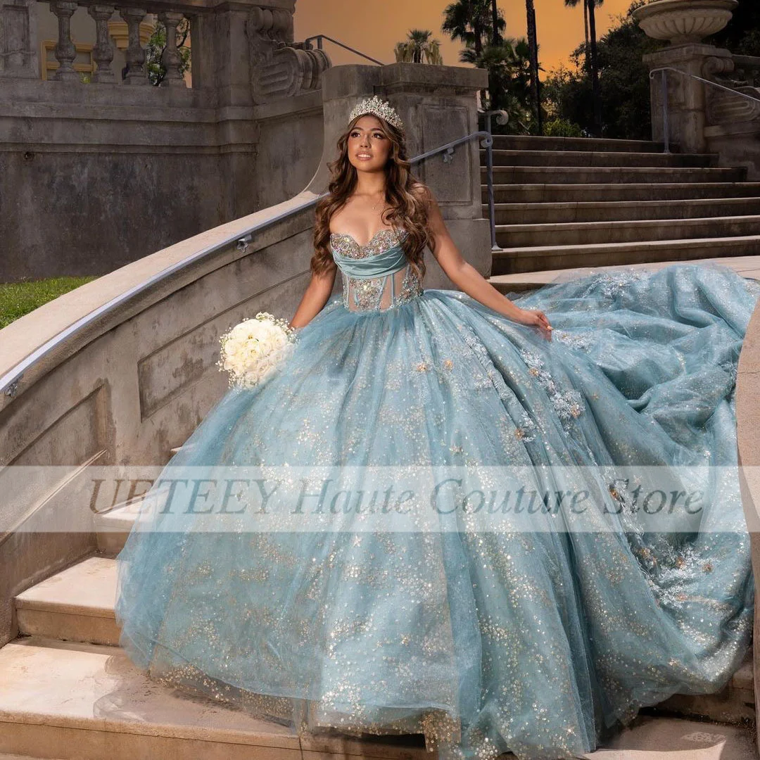 

New Sky Blue Quinceanera Drss Ball Gows Detachable Sleeveless Strapless Sweet 16 Party Prom Dress vestidos de 15 quinceañera