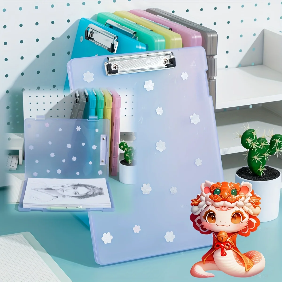مجلد ملفات بلاستيكي مزين بالزهور مع وسادة كتابة وفتحة قلم - سعة كبيرة، صندوق منظم مكتبي مستطيل بألوان متنوعة
