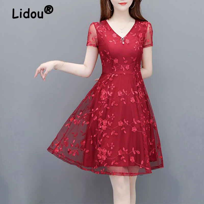 

Mesh Embroidery Floral V Neck Short Sleeve Mini Dress Summer Elegant Fashion Womens Slim Solid High Waist Party Dresses Clothing