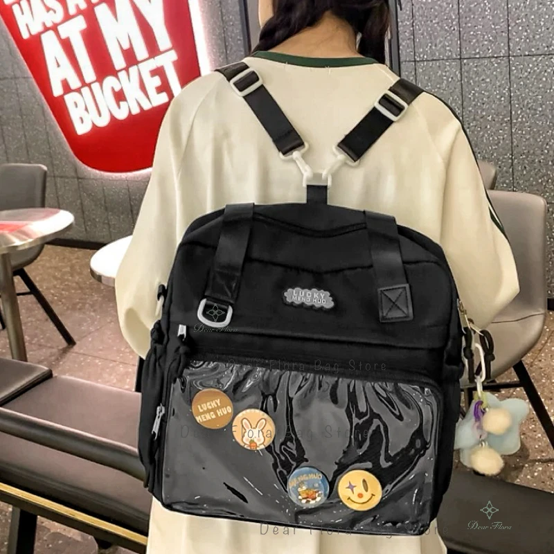 Y2K Women Ita Backpack Fashion DIY Badge Knapsack Cute Girl Girl Transparent Pocket Casual Nylon Large Capacity Shoulder Handbag