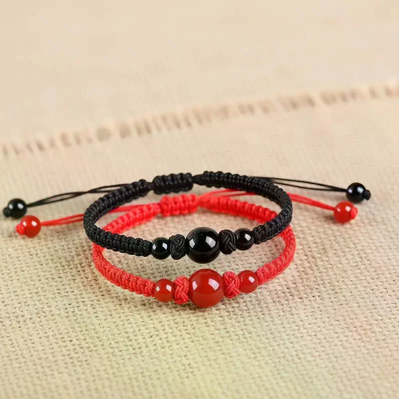 Rope Chain Bracelet Handmade Rope String Bracelets Red Black Woven Rope Good Luck Bracelet DIY Red Agate Hand Rope