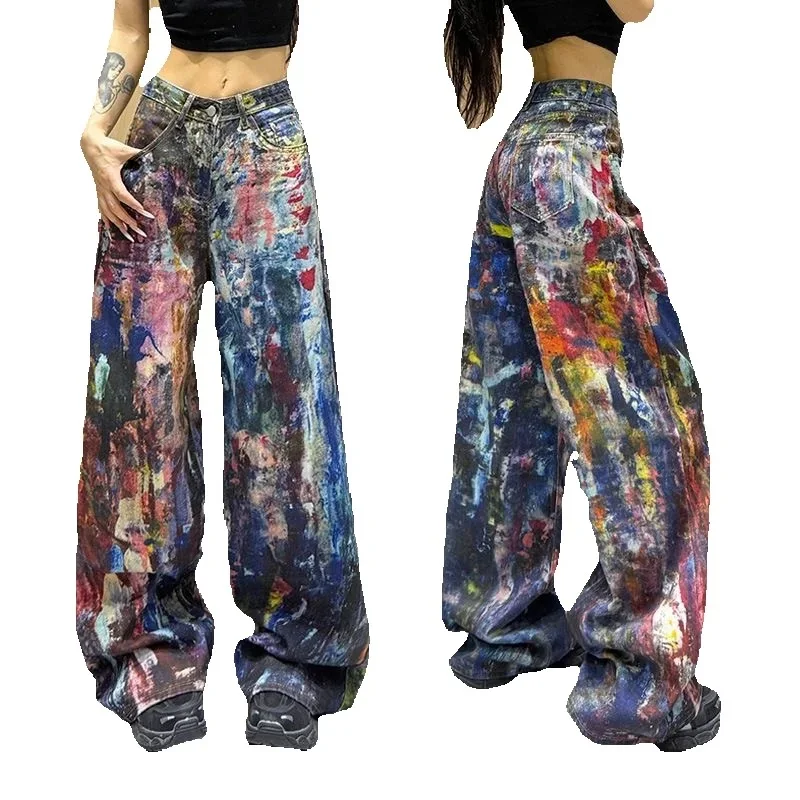 

Весенне-осенние джинсы с чернильным дизайном, женские джинсы, новинка 2025, модные свободные повседневные брюки, прямые брюки, женские брюки для мытья полов