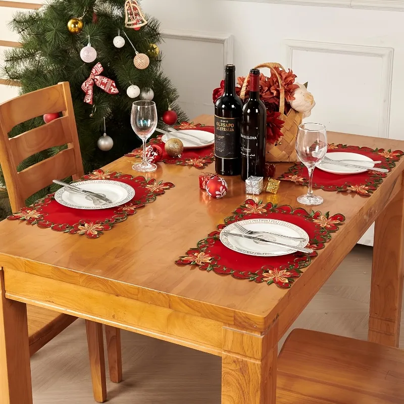 4Pcs Table Runner Embroidery Placemat Hollow Christmas Flower Minimalist Plate Mat Bowl Mat Table Decor